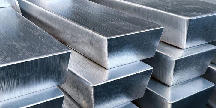 Close-up view of stacked, polished silver bullion bars with brushed texture