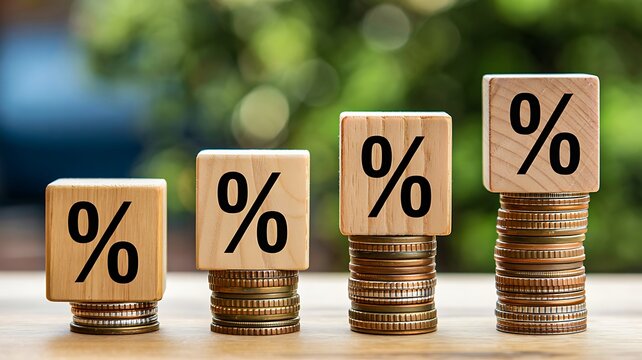 Stacked coins with percentage symbols representing financial growth savings and interest rate concept 