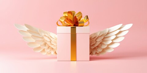 Fototapeta premium Pastel pink gift box with golden ribbon and delicate angel wings