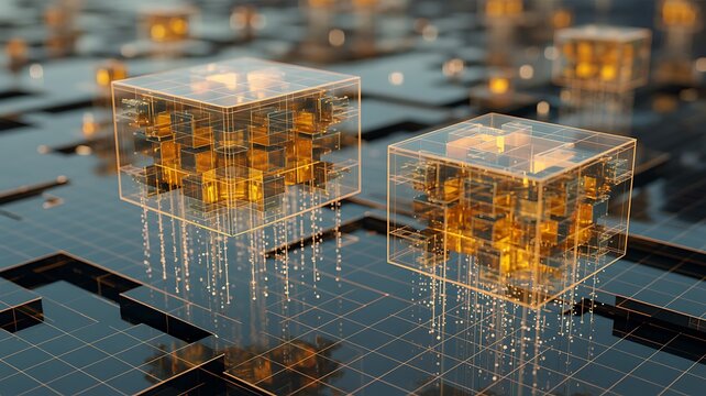 Futuristic digital blockchain network with glowing data cubes and technology connections