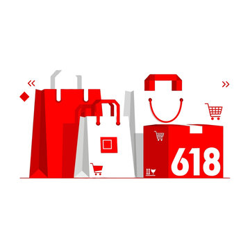Red shopping bags with white numbers.