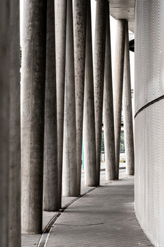 Modern urban architecture with concrete columns and structure frames a walkway where pattern and shadow create a strong monochrome graphic rhythm