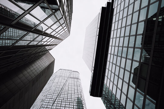 Frankfurt modern architecture in a glass skyscraper seen with perspective and convergence toward the sky in an urban scene finished in monochrome