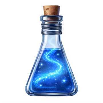 Glowing blue mana potion in a triangular glass bottle with a cork stopper and magical sparkles isolated on transparent background