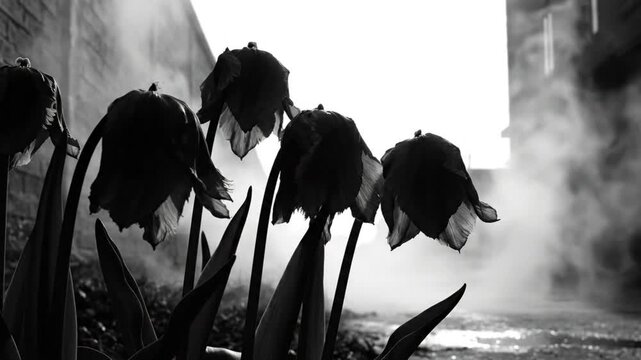 Black and white shot of drooping tulips with stems and leaves against a backdrop of smoke and buildings