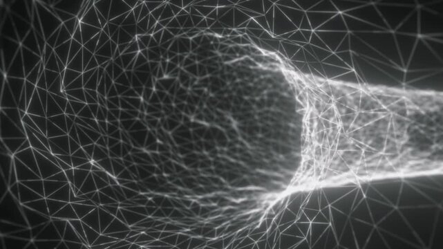 Monochrome wireframe mesh with connected nodes forming an abstract organic shape, symbolizing AI, data network, and digital connectivity
