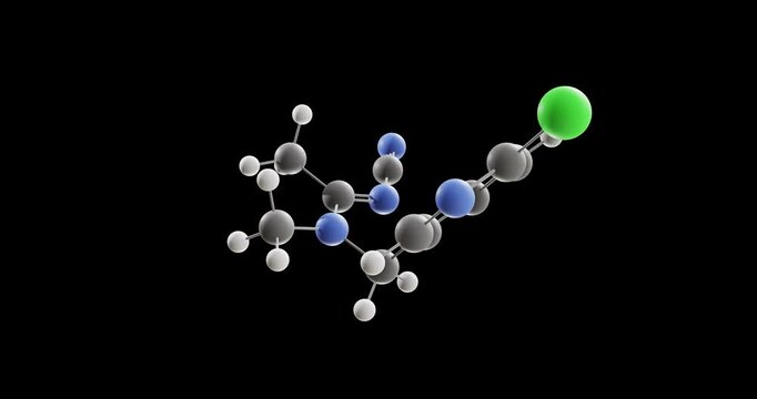 Acetamiprid molecule, rotating 3D model of neonicotinoid insecticide, looped video on a black background
