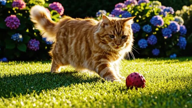 Ginger tabby cat playfully stalking a red toy ball on vibrant green grass with colorful hydrangea bushes in the background