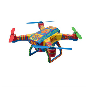 A colorful pixel art quadcopter drone with red, yellow, and blue patterns and multi-colored propellers. isolated on transparent background