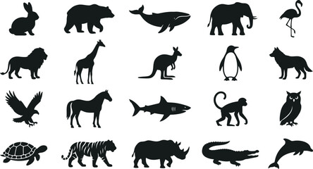 Black silhouettes of various wild animals on a light background © LoveU