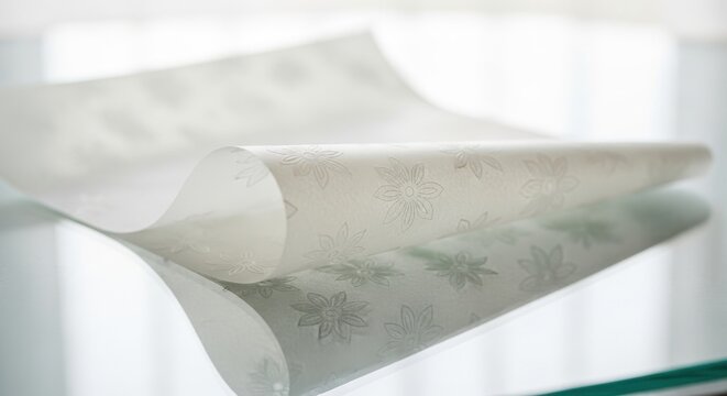 Delicate off-white vellum paper with subtle floral pattern, semi-transparent and rolled