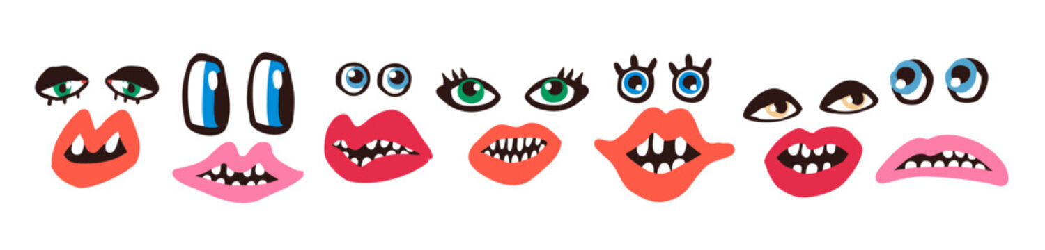 Various abstract Human Faces, Mouths, Eyes set. Teeth, red lips, eyelashes, pupils. Various mimic, emotions, expressions. Hand drawn trendy Vector illustration. isolated design elements