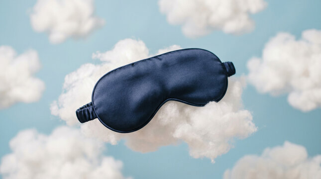 Minimalistic sleep mask on a soft pastel blue background with fluffy white clouds, concept of deep sleep, relaxation and dreams