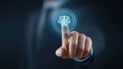Fototapeta premium Businessman Touching Virtual Legal Concept of Justice with Scales in a Modern Digital Environment