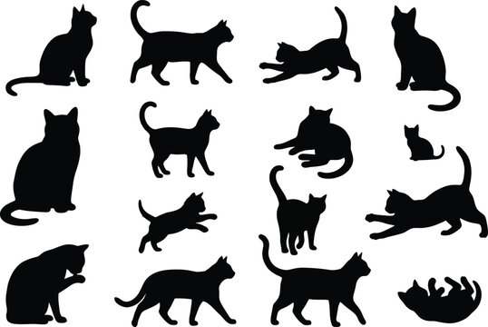 Black cat silhouettes in various poses and movements vector graphic