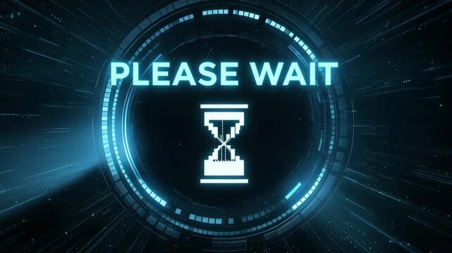 Please wait digital loading screen with hourglass icon futuristic interface technology concept