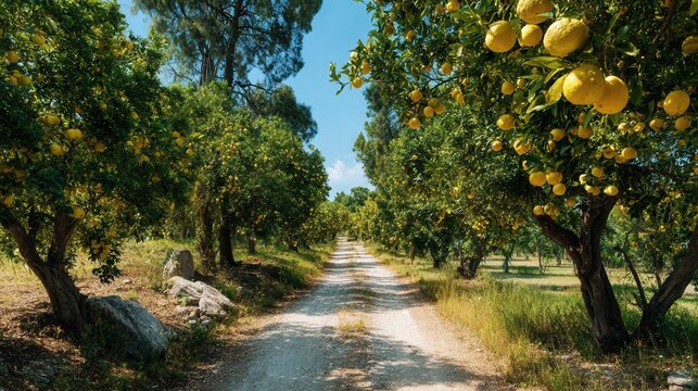 Sunlit lemon orchard path with ripe fruit trees and rural countryside road under blue sky