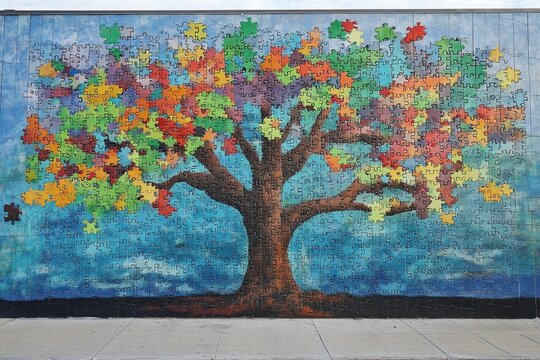 A colorful mural depicting a tree of life with puzzle pieces as leaves, symbolizing growth and community. 