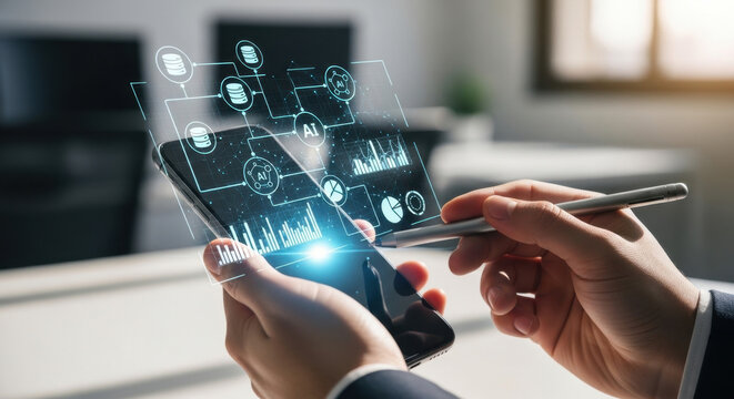 Business professional using tablet and smartphone with digital automation workflow interface, representing artificial intelligence, data analytics, system integration, and business process.