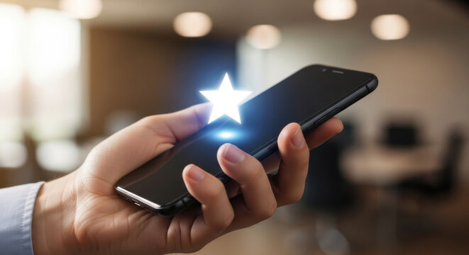Customer redeeming loyalty reward points on smartphone with digital star icon, representing membership rewards, cashback benefits, promotional offers and customer loyalty program concept.