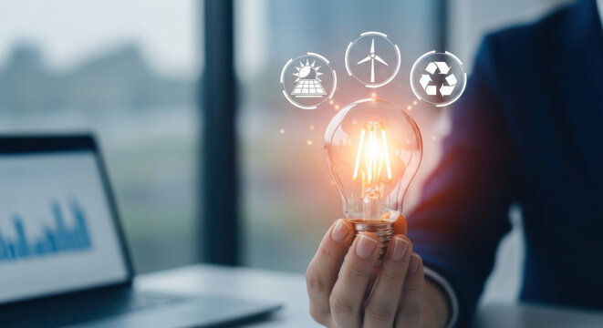 A person holding a glowing light bulb with renewable energy icons, symbolizing green innovation, clean power, energy savings, sustainability, and environmental analysis for eco-friendly growth.
