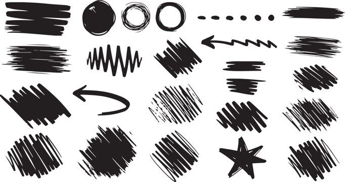 Black grunge brush stoke set. Hand drawn crayon underline, zigzag, dash line collection. Wet or dry pastel pencil doodle scribble bundle. Vector rough chalk charcoal sketch