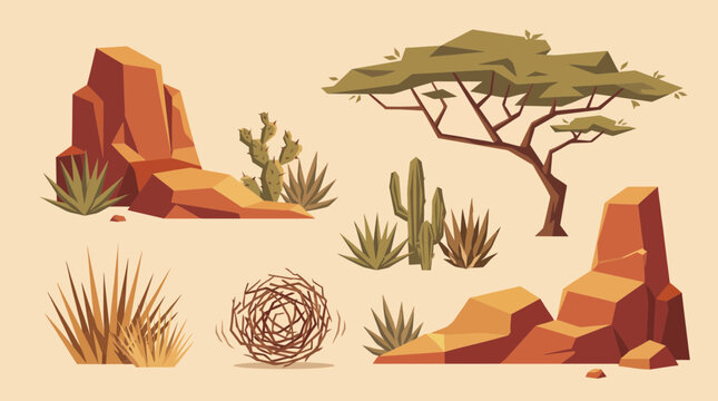 Stylized Desert Landscape Elements Vector Illustration Set