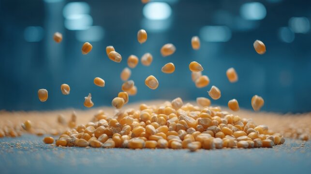 Floating Corn Kernels Captured Mid-Air in an Industrial Setting, Showcasing the Texture and Detail of Fresh Corn in Motion