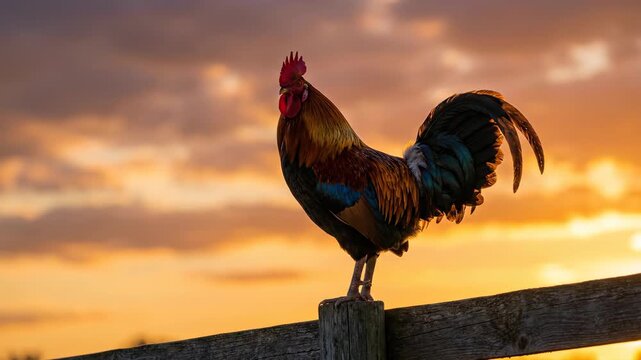 Majestic Rooster Crowing at Sunrise on a Wooden Fence.