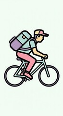 Naklejka premium A flat-design illustration depicts a person riding a bicycle with a large backpack. The individual wears a cap and casual clothing, cycling