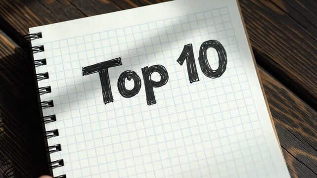 Handwritten Top 10 on spiral notebook on wooden table