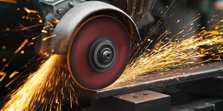 Close-up of angle grinder cutting metal with bright sparks flying in slow motion