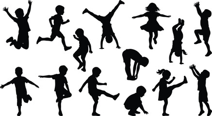 Silhouette illustration of children playing and jumping in various poses and actions in a vector graphic design