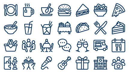 Collection of simple line icons representing food dining and celebration concepts for graphic design and web use © Iconique Studio