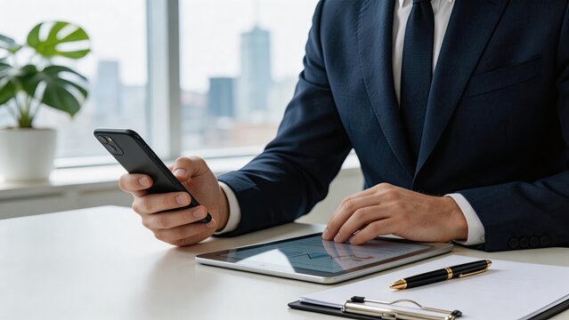 Businessman holding smartphone and using tablet with charts at office desk near window checking financial data on mobile device