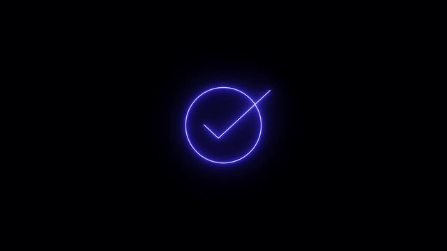 Neon tick mark. Check mark circle animation approval success confirmation validation. Tick mark icon correct action verified status completed task. Check sign accept agreement yes ok animation.