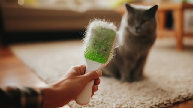 Hand holding lint brush clogged with cat fur in living room with gray cat on rug &mdash; pet hair removal and allergen control