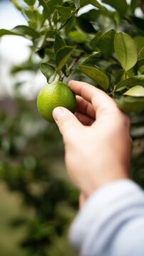 close-up of hand harvesting green lime from citrus tree in home garden, fresh fruit picking, organic produce and sustainable gardening concept