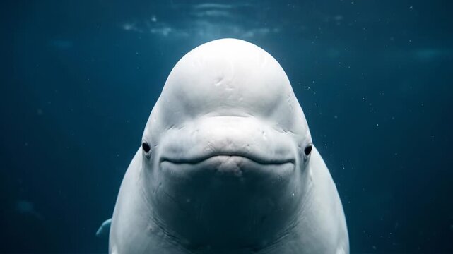 Close up underwater portrait of a smiling beluga whale.