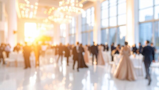 Blurred interior view of a grand ballroom during a formal evening event with elegant guests and golden chandeliers