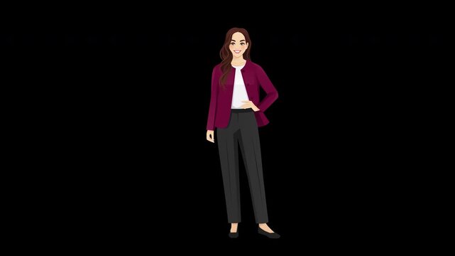 Loopable 2D vector animation of a businesswoman with subtle idle motion, including swaying, blinking, and small head, hair, and arm movements. Includes alpha channel on a transparent background