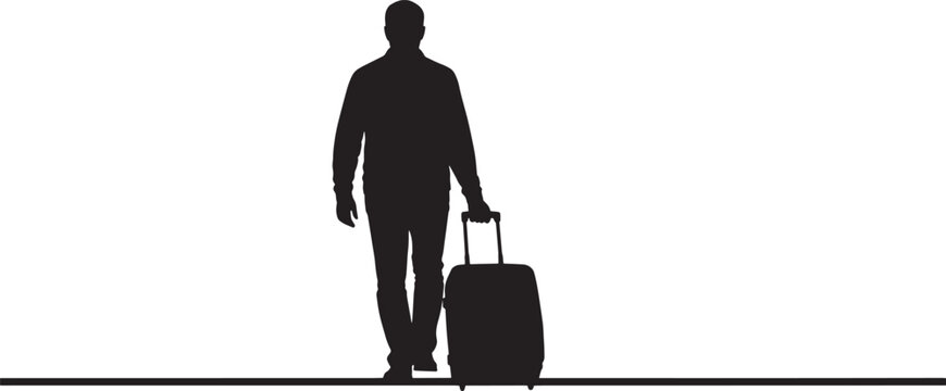 Stylized silhouette of a person on a dynamic journey, pulling a travel suitcase, representing themes of adventure, departure, and global mobility