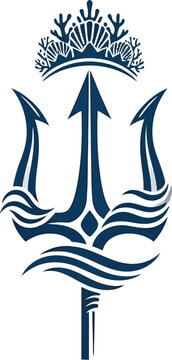 A stylized trident logo with a crown and wavy lines on a white background