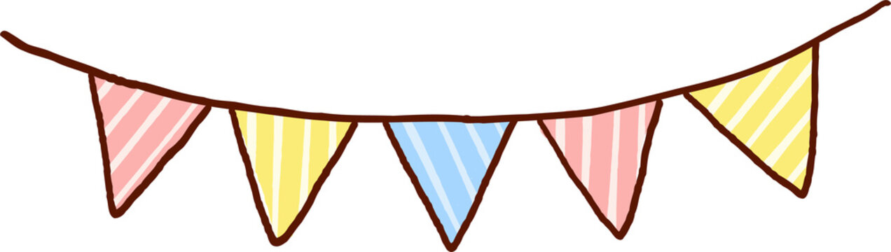 hand drawn pastel striped party bunting flags, cute doodle garland decoration isolated on black background for birthday celebration design and festive banner