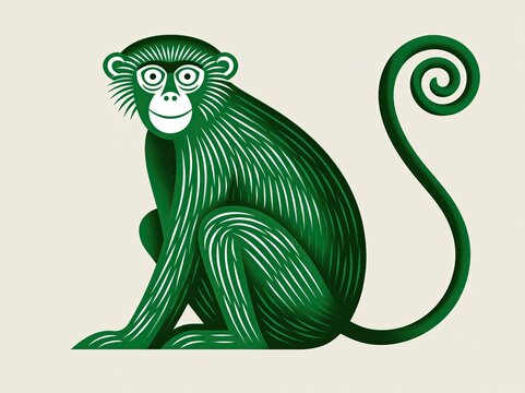 Green monkey illustration with stylized line patterns and a coiled tail, sitting alone on a light beige background