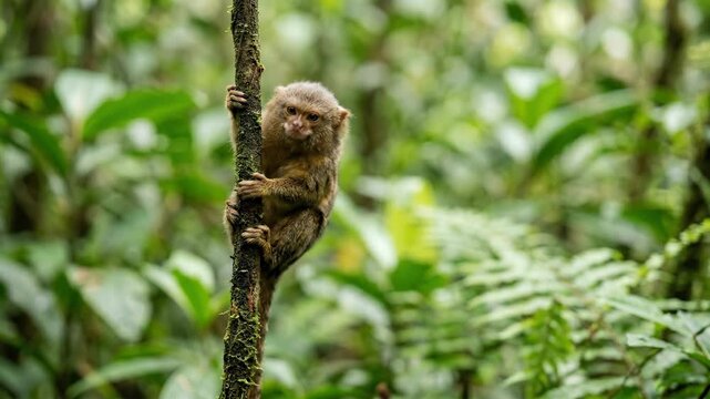Tiny tarsier monkey clings to a tree branch in a lush green jungle environment.