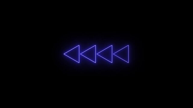 Neon rewind arrow animation with backward motion. Repeating reverse arrows indicate replay, previous action, and media control. Glowing rewind symbol support digital navigation and playback flow