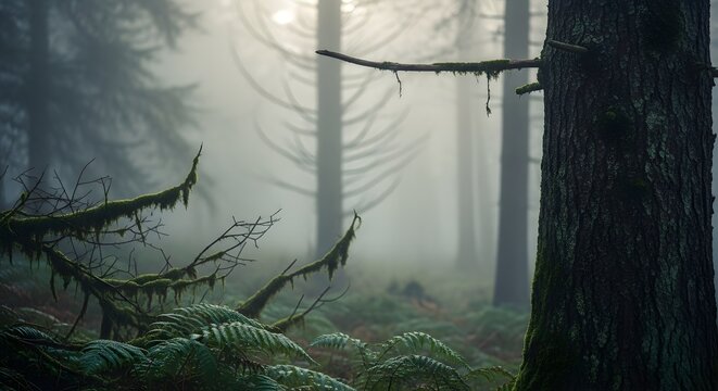 Misty forest with tall ancient trees covered in moss and ferns, ethereal atmosphere.