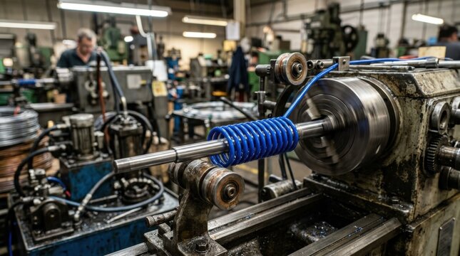 Coated wire compression spring winding on a light gauge mandrel focusing on the colorful protective layer and the detailed manufacturing technique under factory lighting.