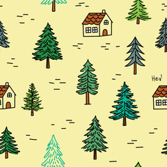 Obraz premium Cute Pine Trees Seamless Pattern with Cartoon Forest Nature Background